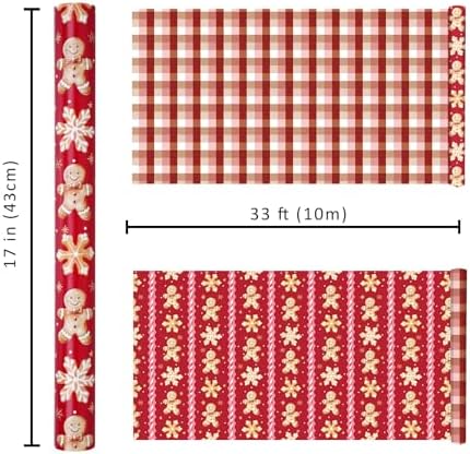 BIOBROWN Christmas Wrapping Paper Red Gingerbread Man & Plaid Design