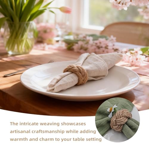 Woven Napkin Rings Set of 12, Natural Cotton Yute Napkin Holder Brown