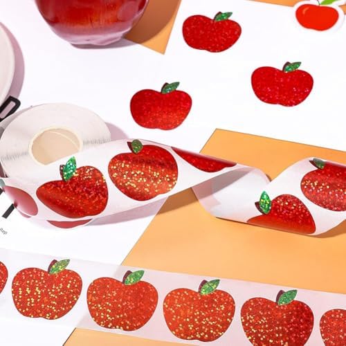 500Pcs Back to School Apples Stickers Roll Red Laser Sparkly Apples Label 1in Waterproof Decals Self-Adhesive Holographic Stickers for Envelope Scrapbook Decor First Day of School Party Supplies