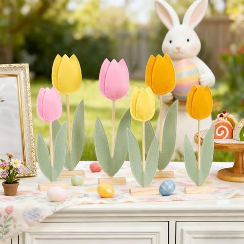 Paper Jazz 6 Pcs Tulip Centerpiece for Table Spring Felt Tulip Decoration for Home Easter Tulips Flower Signs Floral Centerpieces for Mothers Day Easter Party Classroom Garden Party