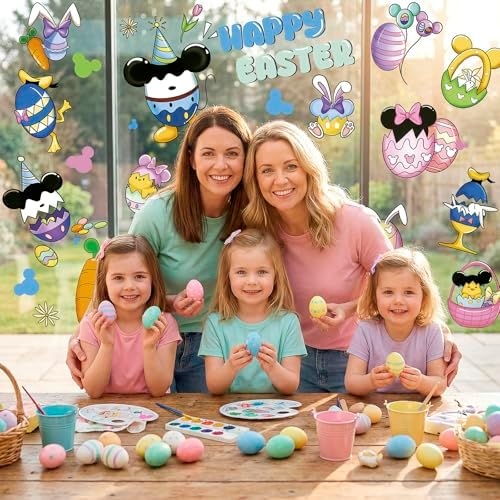 Easter Window Clings for Glass Decorations - 60 Pcs Double-Sided Happy Easter Sticker Cute Bunny Egg Rabbit Gel Window Clings Spring Window Decals Film Duck Mouse Decor for Office Classroom Home Wall