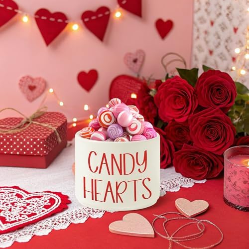 Candy Dish Cauldron - Valentine's Day Mini Ceramic Candies Bowl Tiered Tray Decor, Snack Serving Bowl Table Wishes Accents for Valentines Themed Party Home Kitchen Gifts (Red Candy Hearts)