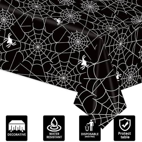 3-Piece 54 x 108 Inch Halloween Spider Web Plastic Tablecloth - Black and White Cobweb with Spiders Patterns, Disposable Rectangle Table Cover for Birthday Dining Table Cover Indoor Outdoor Decoration