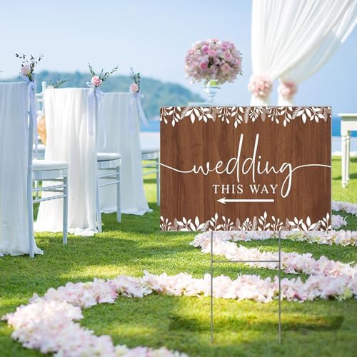 3 Pack 17''×12.5'' Wedding This Way Signs Double Sided Printed Wedding Directional Parking Sign with Stakes for Ceremony Reception Lawn Yard Arrow Signs Plastic Rainproof Party Supplies,Rustic