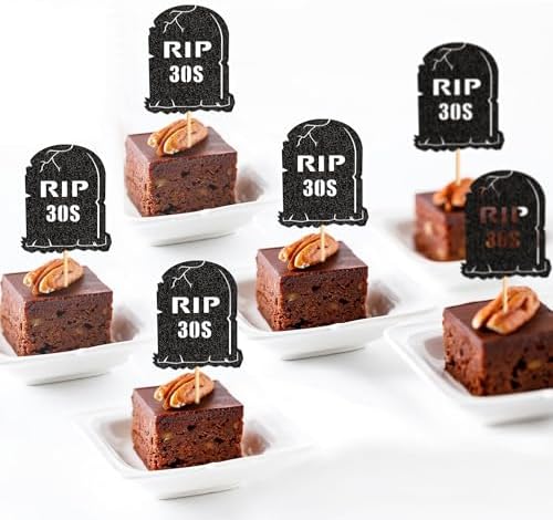 Ercadio 24Pcs Glitter Black Rip 30s Cupcake Topper Tombstone Cupcake Picks for Funeral 40th Birthday Anniversary Cupcake Decorations Rip to My Youth Emo Party Decorations