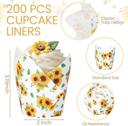 Maxdot 200 Pcs Sunflower Tulip Cupcake Liners for Baking Sunflower Paper Muffin Baking Cups Flower Tulip Muffin Liners Wrappers for Thanksgiving Baby Shower Wedding Birthday Party Decor