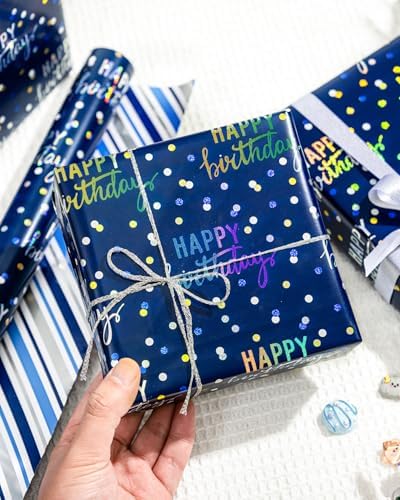 MAYPLUSS Birthday Wrapping Paper Roll, Blue Metallic Holographic Happy Birthday Wrapping Paper Featuring Revesible Stripe Gift Wrap Paper for Boys Kids Girls Men, 17 Inches x 33 Feet