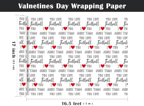 WRAPAHOLIC Funny Valentines Day Wrapping Paper Roll - Mini Roll - 17 Inch x 16.5 Feet - I Love You More Than Football Wrapping Paper for Valentine's Day, Anniversary, Sports Lover, Boyfriend