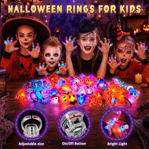 Tiaxidex 100PCS Halloween Treats Light Up LED Rings, Non Candy Halloween Trick or Treats 3D Flashing Rings Toys Glow In the Dark Party Favor Ring Toy Gifts For Kids Adults Goodie Bag Stuffers