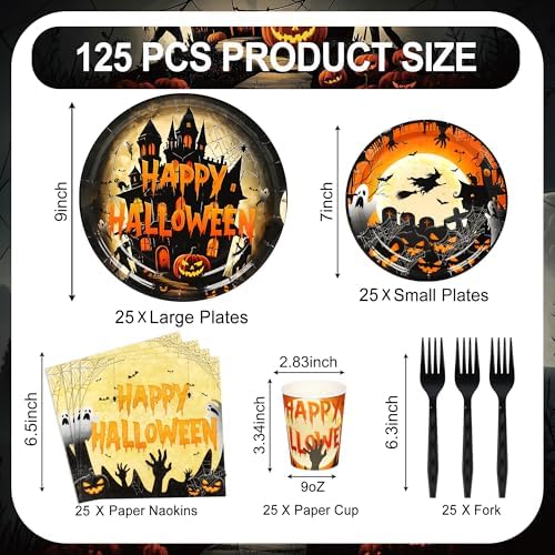 75 Pieces Halloween Paper Plates and Napkins Set - Halloween Party Supplies Tableware Plates, Napkins Baby Shower Scary Moon Night Birthday Decorations Serve 25 (Orange)