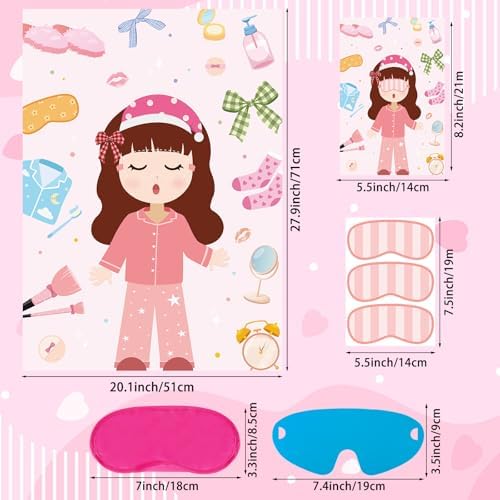 Hooqict Sleepover Slumber Party Games Pin The Blindfold on The Girl for Kids Girls Night Birthday Party Decorations Supplies, Large Pin Tail Games Poster with 27 Stickers