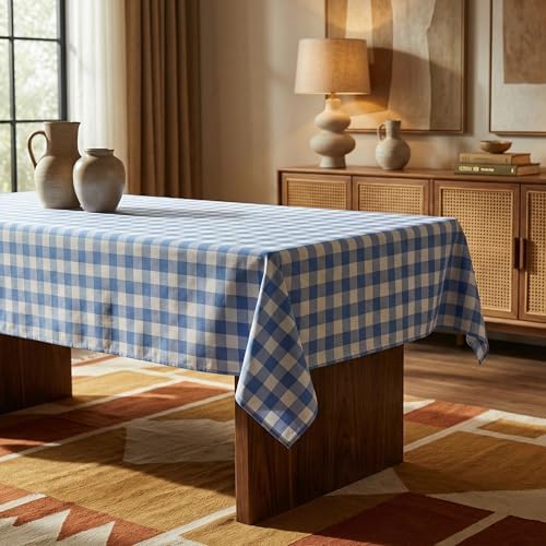 Waterproof Gingham Tablecloth, Checkered Fabric Table Cover for Kitchen Dining, Blue & White Plaid Table Cloth, Rectangle Table Cloth for Indoor Outdoor Use, W60 x L144 in