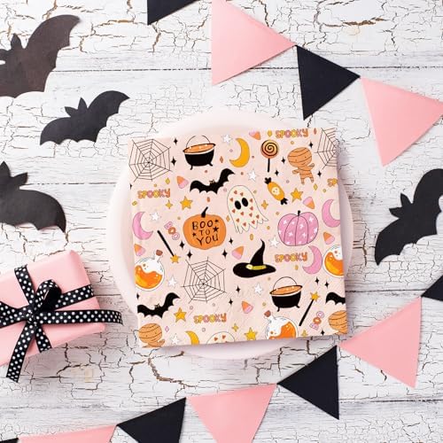 JarThenaAMCS 50 Pack Halloween Paper Napkins Cartoon Ghost Pumpkin Spider Web Luncheon Napkin Pink Disposable Dessert Dinner Hand Napkin for Party Supplies