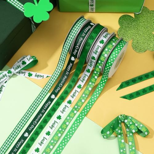 DECYOOL St Patricks Day Ribbon 3/8" Wide 60 Yards Shamrock Grosgrain Ribbon
