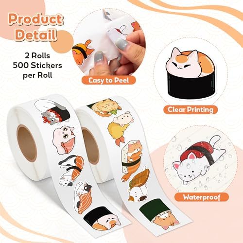 Eartim Sushi Cat Sticker Roll 1000Pcs Cartoon Kawaii Sushi Cute Cat Sticker