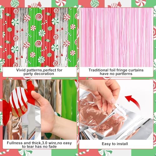 Blosssound 2 Packs Christmas Candy Foil Fringe Curtains 3.3x6.6ft Xmas