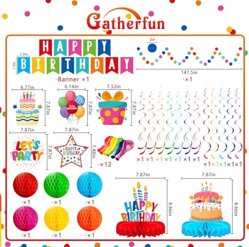 Happy Birthday Decorations Kit: Happy Birthday Banner,Birthday Circle Confetti Garland, Swirl Streamers, Honeycomb Balls, Birthday Balloons and Honeycomb Centerpiece for Kids' Birthday Party Supplies