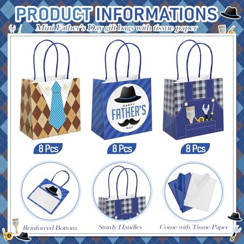 Silkfly 24 Pack Mini Father's Day Bags Bulk with Tissue Paper 5x5x3 Small Best Dad Gifts Bags with Handles Happy Father's Day Party Favors for Dad Grandpa Birthday Decoration Retail Wrapping