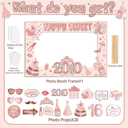 Sweet 16 Party Decorations for Girls, Sweet 16 Photo Booth Props Pink Rose Gold 16th Birthday Selfie Props with Photo Frame Kit Sweet Sixteen Happy Birthday Party Decorations Supplies Favors