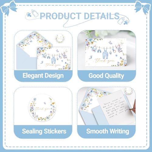 24 Pack Blue Flower Baby Shower Thank You Cards, Boy Baby Gift Card with Envelopes and Stickers, Greeting Cards Bulk for Baby Shower Party