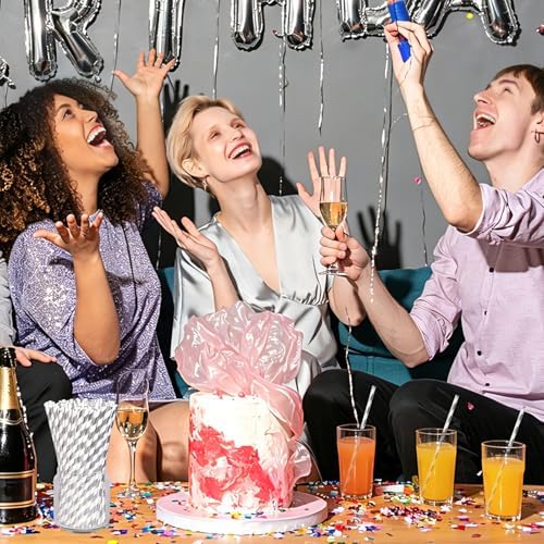 Silver and White Striped Paper Straws, 7.75 inch Disposable Drinking Straws for Cocktails, Brithday, Weddings - 100% Biodegradable & Compostable