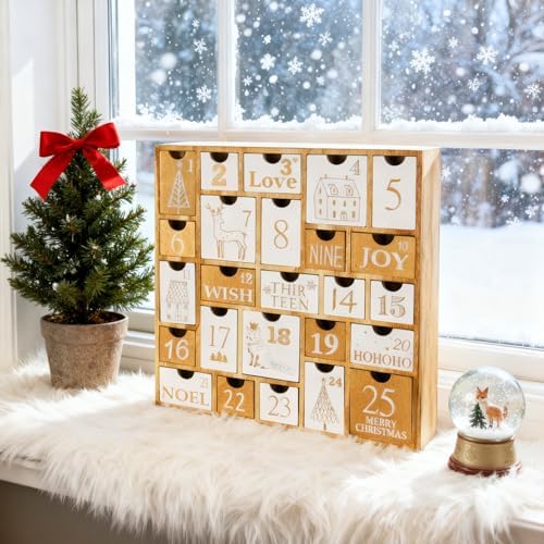 Juegoal Advent Calendar with 25 Drawers Countdown to Christmas, Refillable Wooden Advent Xmas Gift for Kids, 12 Inches Tall