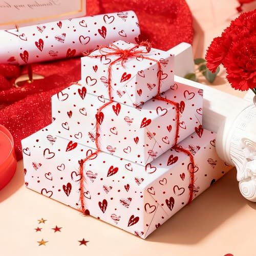 Foil Hearts Wrapping Paper Roll, Sliver Red Heart Mini Roll 17inx16.5ft-Luxury Gift Wrap for Valentine's Day,Anniversary, Mom's Mother Birthday, Wedding Party Bridal, Holiday,Wife,Girlfriend,Women