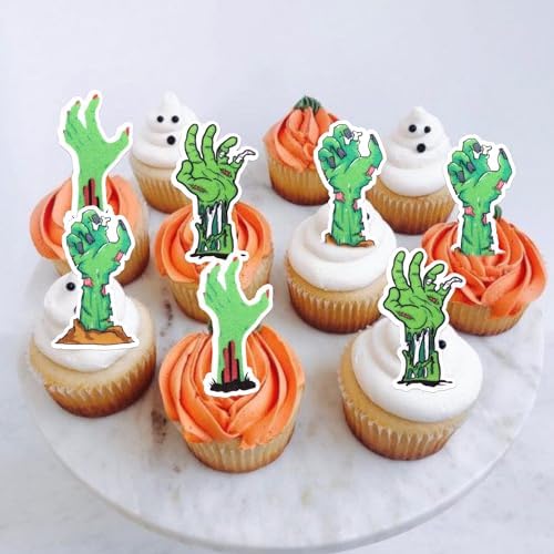 60 PCS Edible Zombie Hands Cupcake Toppers Wafer Paper Halloween Cupcake Picks Edible Horror Zombie Hands Cupcake Decorations for Halloween Theme Zombie Birthday Party Cake Decorations Supplies