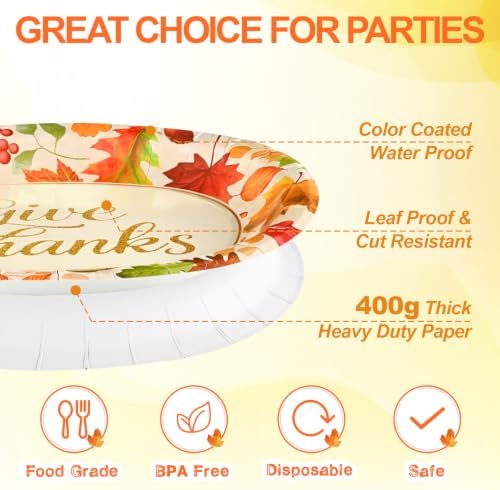 Homlouue 50 PCS Thanksgiving Oval Paper Plates Disposable, Fall Paper Plates, Large 12.5" x 10.5" Maple Leaf Autumn Dinner Plate, Disposable Fall Party Supplies Thanksgiving Autumn Harvest Table Decor