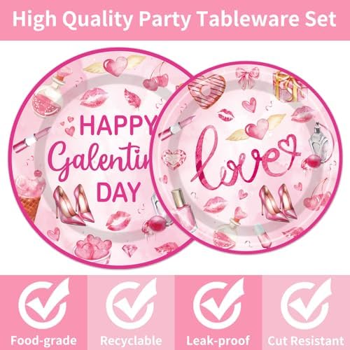 EUOYUFO 96Pcs Pink Galentine Party Decorations Tableware Set Happy Galentine's Day Paper Plates Napkins Forks Galentines Valentines Day Theme Party Supplies Serve 24 Guests