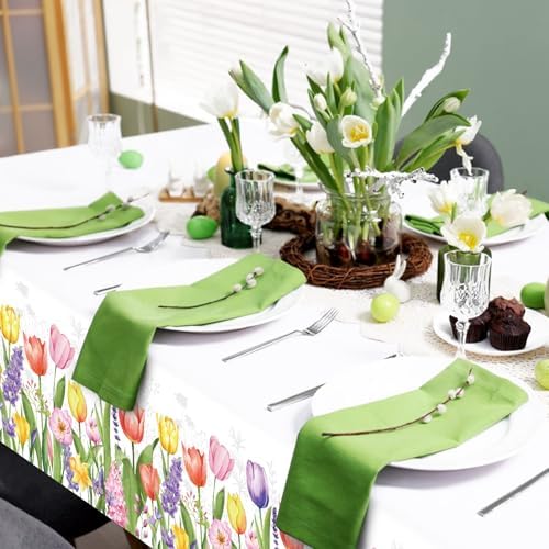 Gistome 3-Piece 54 x 108 Inch Spring Floral Plastic Tablecloth – Colorful Wildflower and Tulip Border Disposable Table Covers for Garden Parties, Baby Showers, Picnics, and Spring Celebrations