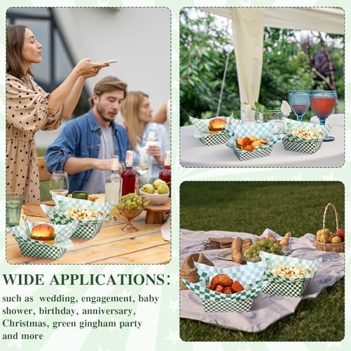 Geosar 100 Pcs Gingham Paper Food Tray with Wax Paper,Dark Green White