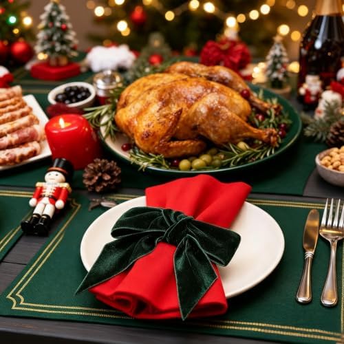 Christmas Bow Napkin Rings Set of 6 Green Velvet Bow Cloth Napkin Holders for Christmas Eve New Year Party Wedding Anniversary Brithday Gatherings & Home Daily Dinner Table Decor
