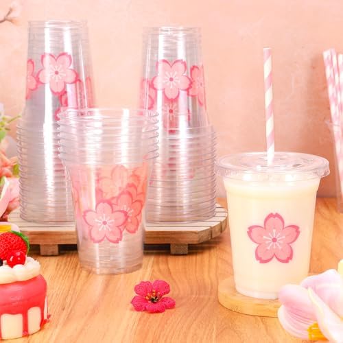 Whaline 50Pcs 12Oz Pink Cherry Blossom Disposable Plastic Cups with Lids and Straws Cute Sakura Cold Beverage Drinking Cups for Spring Wedding Birthday Party Supplies