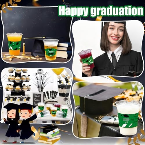 GuassLee 2026 Graduation Party Decoration Cups - 100pcs 12 Oz Black Green Disposable Graduation Plastic Cups for Drinks Class of 2026 Congrats Grad Party Tableware Supplies Decor
