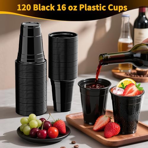 120 Pack 16 oz Black Cups, Heavy Duty Black Plastic Cups for Party, Cold Drinks, BBQ, Black Disposable Cups for Christmas, Halloween, Wedding, Birthday, Picnic, Serving and Celebrations