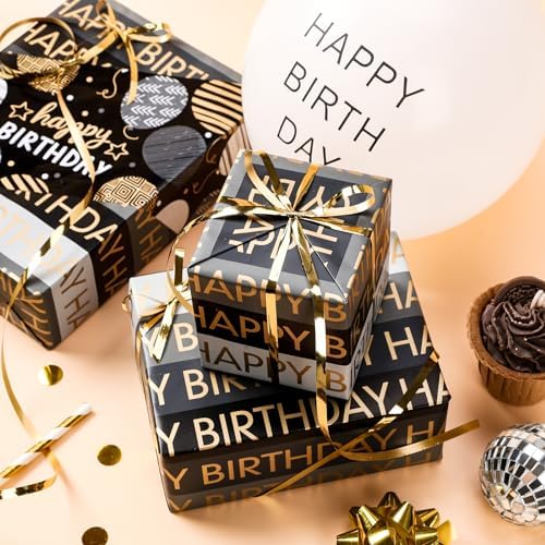 RUSPEPA Reversible Birthday Wrapping Paper Roll, Mini Roll, Black Gold Foil Happy Birthday Balloon & Stripe Text Design Gift Wrap Paper for Men, Boy, Adults, Party Celebration, 17.5 Inches x 32.8 Feet