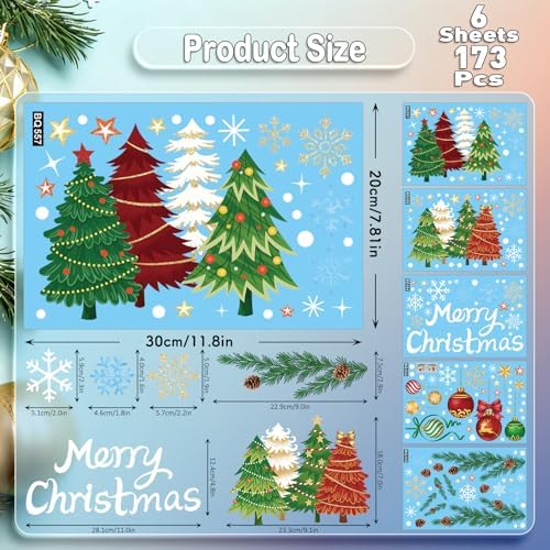 Merry Christmas Window Clings - 5 Sheets 173 Pcs Winter Holiday Window Stickers Christmas Tree Pine Branches Snowflake Decal for Glass Windows for Xmas Classroom Home Office Shop Display