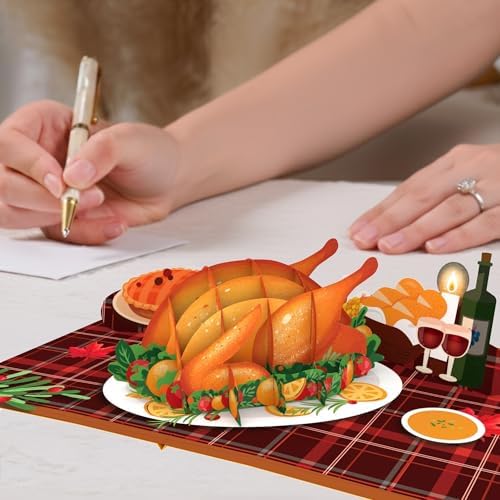 Paper Love Thanksgiving Card | 3D Pop-Up Turkey Dinner Greeting Card for Family, and Friend | 5" x 7" w/Envelope & Note Tag
