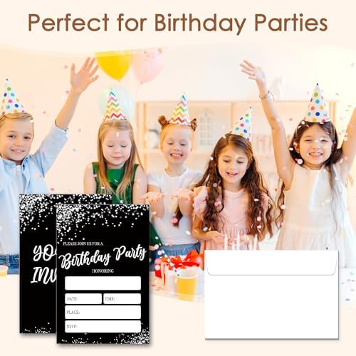 Minimalist Birthday Invitations, 20 Party Invitations with Envelopes For Birthday, Black Silver Invitations for Boys and Girls, Birthday Party Decorations Supplies