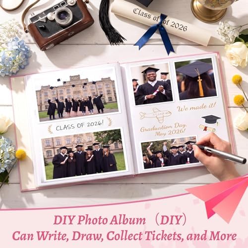 Fumete Pink Class of 2026 Graduation Album Self Adhesive Photo Scrapbook 40 Pages 11.5 x 10.5 Inch Linen Memory Book with Cover Display Window DIY Album for School College Graduate Party Gift