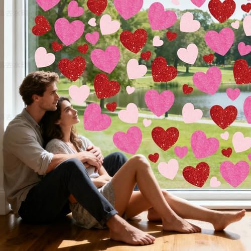 9 Sheets Valentines Day Window Clings Decorations, Red Heart Decor Stickers