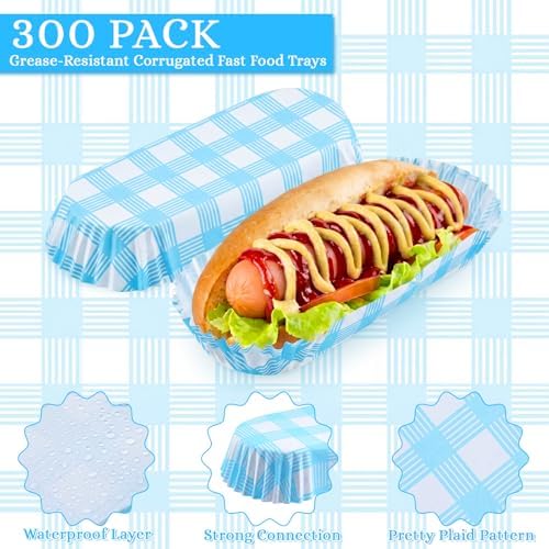 Yinkin 300 Pcs Paper Hot Dog Trays Food Trays 6 Inch,Blue,Checkered