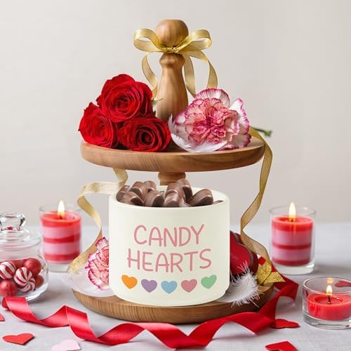 Candy Dish Cauldron - Valentine's Day Mini Ceramic Candies Bowl Tiered Tray Decor, Snack Serving Bowl Table Wishes Accents for Valentines Themed Party Home Kitchen Gifts (Pink Candy Hearts)