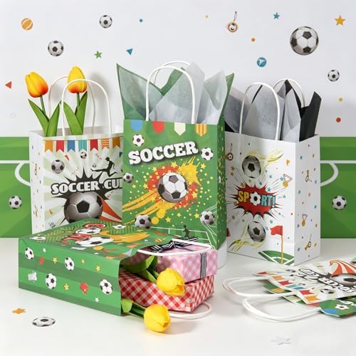 12 Pcs Soccer Goodie Bags with Handles, 2 Styles Soccer Snack Bags for Team, Soccer Snack Gift Bags for Birthday Game Day Sport Themed Party Supplies (8.3 × 6.3 × 3.1 in)