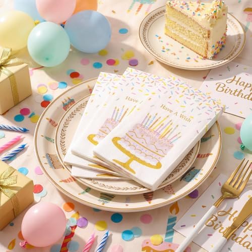 50 Have a Wish Cocktail Napkins 3-ply Sprinkle Happy Birthday Disposable Pastel Paper Confetti Napkins for Holiday Party Supplies (Birthday Cake)