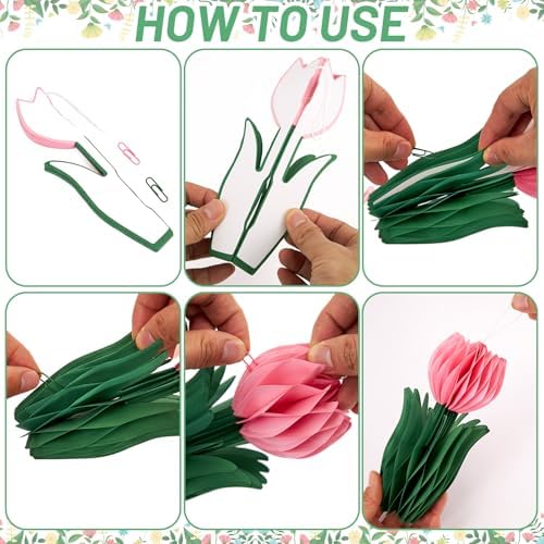SUNBEAUTY Flower Honeycomb Decor Tulips Table Centerpieces Spring Decoration for Home Office Paper Flower Tulip Honeycomb Decor for Garden Party Mothers Day Decoration Easter Party Birthday Tea Party