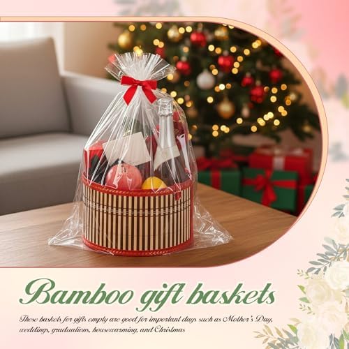 Weysat 12 Set Baskets for Gifts Empty Bulk, Large Woven Bamboo Gift Basket Kit with Handles, Bow, Wrap Bag to Fill for Raffle Thanksgiving Day Wedding Birthdays Party Wrapping (Red)