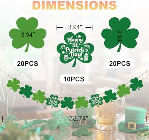 St Patricks Day Decorations - 12 Pack Shamrock Clover Garland Banner - NO DIY Felt Hanging Banner for Home, Mantel, Office, Irish Party Supplies, Wall Fireplace Decor