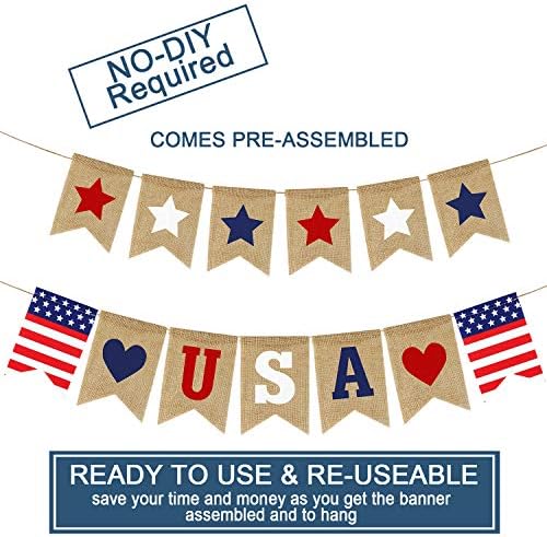 USA Banner Burlap 4th of July Decorations Rustic Patriotic Banner Red White Blue Stars Bunting Garland for President Day 4th of July Party Supplies 4th of July Patriotic Outdoor Indoor hanging Decor